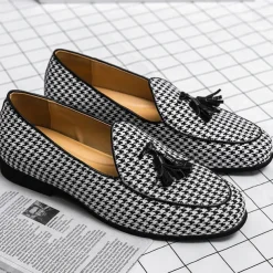 Men's Elegant Houndstooth Loafers with Tassel - Perfect for Weddings and Parties