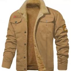 Men's Embroidered Fleece Jacket Cargo Jacket Turndown Collar Long Sleeve Military Tactical Jacket Vintage Thermal Warm Winter Outwear Multiple Pockets Button Front Cotton Coat Black khaki Army Green