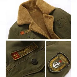 Men's Embroidered Fleece Jacket Cargo Jacket Turndown Collar Long Sleeve Military Tactical Jacket Vintage Thermal Warm Winter Outwear Multiple Pockets Button Front Cotton Coat Black khaki Army Green