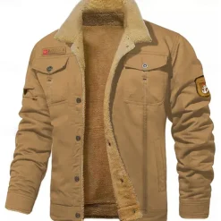 Men's Embroidered Fleece Jacket Cargo Jacket Cow Print Turndown Collar Long Sleeve Military Tactical Jacket Vintage Thermal Warm Winter Outwear Multiple Pockets Button Front Cotton Coat