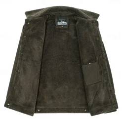 Men's Embroidered Fleece Jacket Sherpa Trucker Jacket Work Cargo Jacket Turn-Down Collar Warm Winter Cotton Jacket Vintage Casual Going Out Coat Multi-Pockets