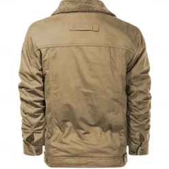 Men's Embroidered Fleece Jacket Sherpa Trucker Jacket Work Cargo Jacket Turn-Down Collar Warm Winter Cotton Jacket Vintage Casual Going Out Coat Multi-Pockets