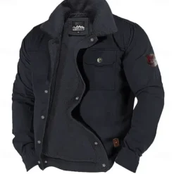 Men's Embroidered Fleece Jacket Sherpa Trucker Jacket Work Cargo Jacket Turn-Down Collar Warm Winter Cotton Jacket Vintage Casual Going Out Coat Multi-Pockets