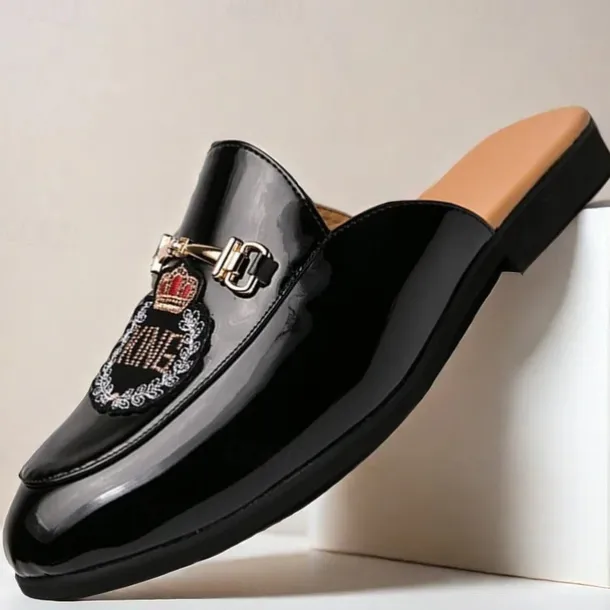 Men's Embroidered Patent Leather Loafers, Slip-On Backless Mules with Crown Emblem and Metal Buckle Detail, Perfect for Elegant and Casual Occasions