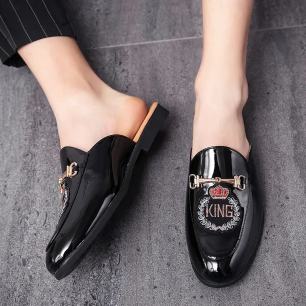 Men's Embroidered Patent Leather Loafers, Slip-On Backless Mules with Crown Emblem and Metal Buckle Detail, Perfect for Elegant and Casual Occasions