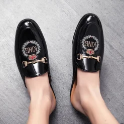 Men's Embroidered Patent Leather Loafers, Slip-On Backless Mules with Crown Emblem and Metal Buckle Detail, Perfect for Elegant and Casual Occasions