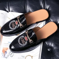 Men's Embroidered Patent Leather Loafers, Slip-On Backless Mules with Crown Emblem and Metal Buckle Detail, Perfect for Elegant and Casual Occasions