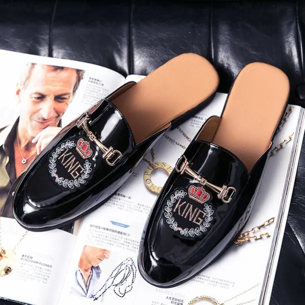 Men's Embroidered Patent Leather Loafers, Slip-On Backless Mules with Crown Emblem and Metal Buckle Detail, Perfect for Elegant and Casual Occasions