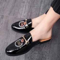 Men's Embroidered Patent Leather Loafers, Slip-On Backless Mules with Crown Emblem and Metal Buckle Detail, Perfect for Elegant and Casual Occasions