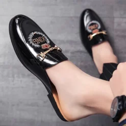 Men's Embroidered Patent Leather Loafers, Slip-On Backless Mules with Crown Emblem and Metal Buckle Detail, Perfect for Elegant and Casual Occasions