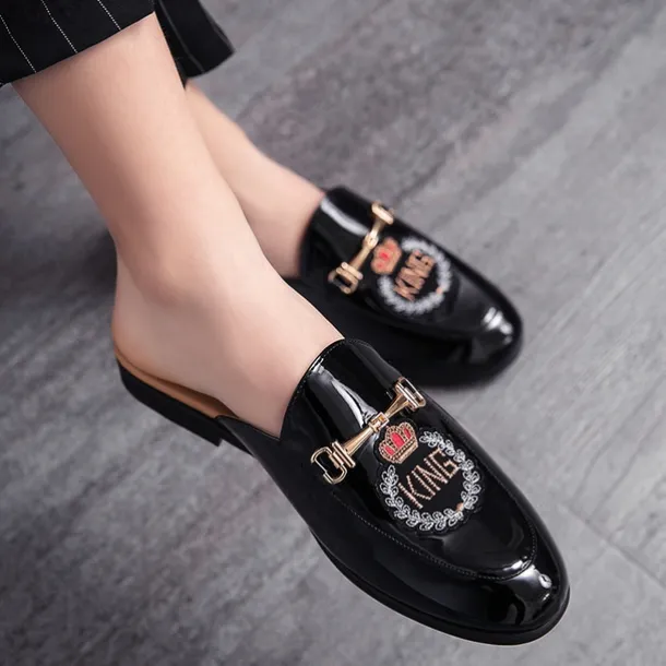 Men's Embroidered Patent Leather Loafers, Slip-On Backless Mules with Crown Emblem and Metal Buckle Detail, Perfect for Elegant and Casual Occasions