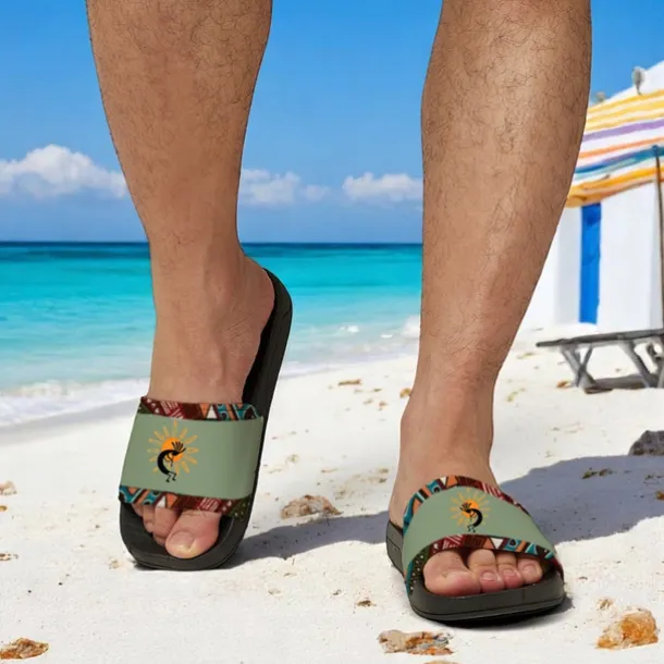 Men's Ethnic Print Non-Slip Pool Slides – Lightweight Summer Slippers with Tribal Kokopelli Design for Beach and Poolside
