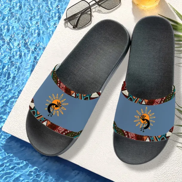 Men's Ethnic Print Non-Slip Pool Slides – Lightweight Summer Slippers with Tribal Kokopelli Design for Beach and Poolside