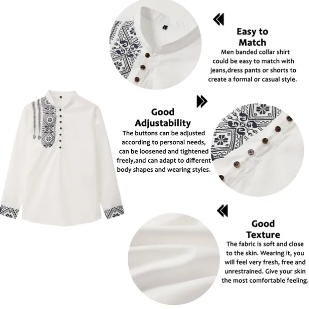 Men's Ethnic Shirt Button Up Shirt Long Sleeve Fashion Streetwear Designer Outdoor Street Daily Summer Spring Fall Stand Collar Print White Pink Blue Green Gray