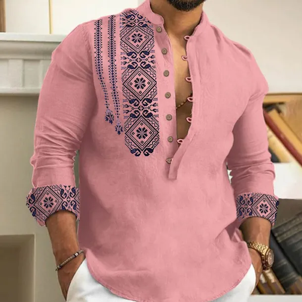 Men's Ethnic Shirt Button Up Shirt Long Sleeve Fashion Streetwear Designer Outdoor Street Daily Summer Spring Fall Stand Collar Print White Pink Blue Green Gray