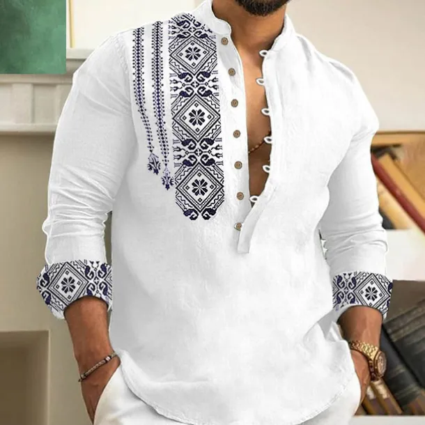 Men's Ethnic Shirt Button Up Shirt Long Sleeve Fashion Streetwear Designer Outdoor Street Daily Summer Spring Fall Stand Collar Print White Pink Blue Green Gray