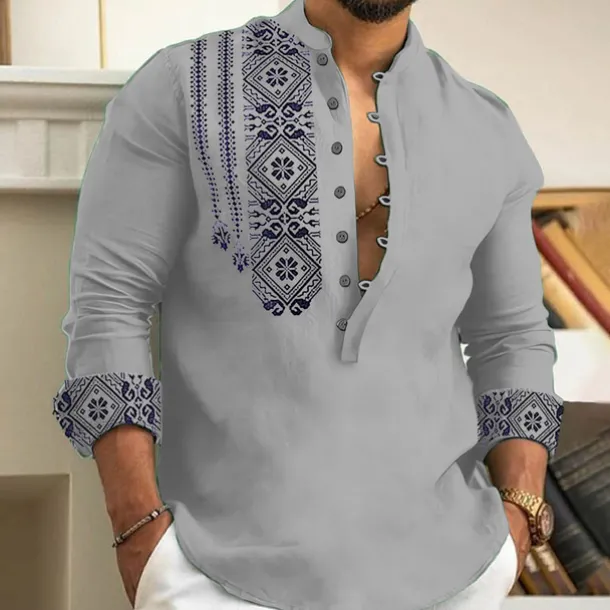 Men's Ethnic Shirt Button Up Shirt Long Sleeve Fashion Streetwear Designer Outdoor Street Daily Summer Spring Fall Stand Collar Print White Pink Blue Green Gray