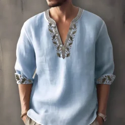 Men's Ethnic Shirt Linen Shirt Long Sleeve Fashion Streetwear Designer Outdoor Daily Going out Spring & Summer Stand Collar Print Yellow Light Green Pink Red Navy Blue