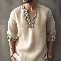 Men's Ethnic Shirt Linen Shirt Long Sleeve Fashion Streetwear Designer Outdoor Daily Going out Spring & Summer Stand Collar Print Yellow Light Green Pink Red Navy Blue