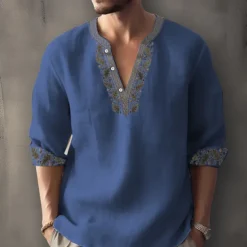 Men's Ethnic Shirt Linen Shirt Long Sleeve Fashion Streetwear Designer Outdoor Daily Going out Spring & Summer Stand Collar Print Yellow Light Green Pink Red Navy Blue