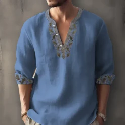 Men's Ethnic Shirt Linen Shirt Long Sleeve Fashion Streetwear Designer Outdoor Daily Going out Spring & Summer Stand Collar Print Yellow Light Green Pink Red Navy Blue