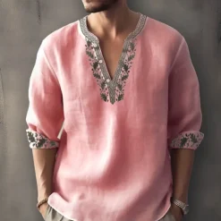 Men's Ethnic Shirt Linen Shirt Long Sleeve Fashion Streetwear Designer Outdoor Daily Going out Spring & Summer Stand Collar Print Yellow Light Green Pink Red Navy Blue