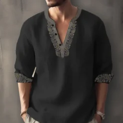 Men's Ethnic Shirt Linen Shirt Long Sleeve Fashion Streetwear Designer Outdoor Daily Going out Spring & Summer Stand Collar Print Yellow Light Green Pink Red Navy Blue