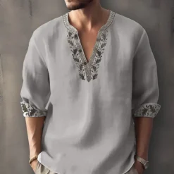 Men's Ethnic Shirt Linen Shirt Long Sleeve Fashion Streetwear Designer Outdoor Daily Going out Spring & Summer Stand Collar Print Yellow Light Green Pink Red Navy Blue