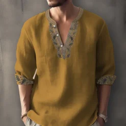 Men's Ethnic Shirt Linen Shirt Long Sleeve Fashion Streetwear Designer Outdoor Daily Going out Spring & Summer Stand Collar Print Yellow Light Green Pink Red Navy Blue