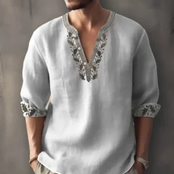 Men's Ethnic Shirt Linen Shirt Long Sleeve Fashion Streetwear Designer Outdoor Daily Going out Spring & Summer Stand Collar Print Yellow Light Green Pink Red Navy Blue