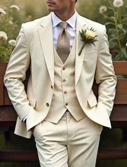 Men's Fall Wedding Party Suits Notch Lapel Champagne Party Business Solid Colored Standard Fit 3 Piece Single Breasted Two-buttons