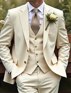 Men's Fall Wedding Party Suits Notch Lapel Champagne Party Business Solid Colored Standard Fit 3 Piece Single Breasted Two-buttons