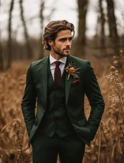 Men's Fall Wedding Suits Notch Lapel Dark Green Fashion Formal Solid Colored Standard Fit 3 Piece Single Breasted Two-buttons