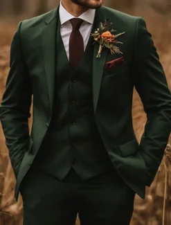 Men's Fall Wedding Suits Notch Lapel Dark Green Fashion Formal Solid Colored Standard Fit 3 Piece Single Breasted Two-buttons