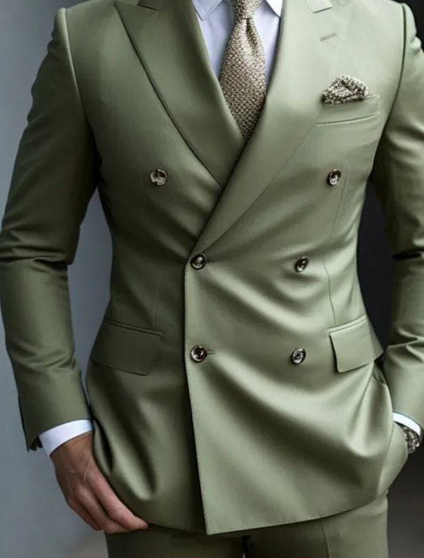 Men's Fall Wedding Suits Peaked Lapel Peak Sage Daily Business Solid Colored Plus Size 2 Piece Double Breasted Six-buttons