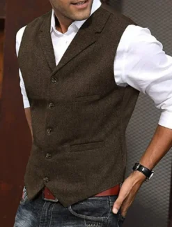 Men's Fashion Vest Herringbone Tailored Fit Notch Single Breasted Five-buttons Silver Black Red 2023