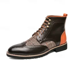 Men's Faux Leather and Plaid Brogue Boots, Vintage Style Lace-Up Ankle Boots with Wingtip Detailing for Formal and Casual Wear
