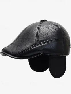 Men's Faux Leather Beret with Ear Flaps – Stylish Winter Hat with Ear Protection for Casual Wear and Outdoor Activities