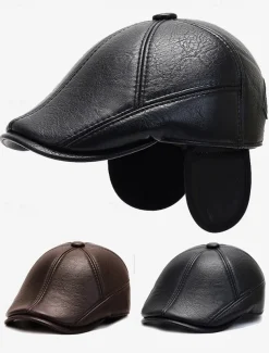 Men's Faux Leather Beret with Ear Flaps – Stylish Winter Hat with Ear Protection for Casual Wear and Outdoor Activities