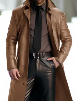 Men's Faux Leather Jacket Winter Coat Transition Jacket Trench Coat Office & Career Daily Wear Winter PU Thermal Warm Windproof Outerwear Clothing Apparel Fashion Warm Ups Plain Pocket Lapel Single