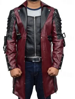 Men's Faux Leather Jacket Biker Jacket Red Leather Jacket Motorcycle Jacket Daily Vacation Windproof Warm Lace up Pocket Fall & Winter Plain Fashion Classic Lapel Long Faux Leather Black Wine Jacket
