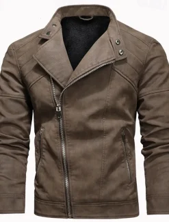 Men's Faux Leather Jacket Biker Jacket Motorcycle Jacket Daily Vacation Windproof Warm Pocket Fall & Winter Plain Fashion Classic Stand Collar Regular Black Brown Khaki Jacket