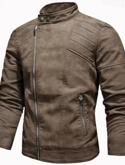 Men's Faux Leather Jacket Biker Jacket Motorcycle Jacket Daily Vacation Windproof Warm Pocket Fall & Winter Plain Fashion Classic Stand Collar Regular Black Brown Khaki Jacket
