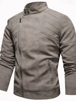 Men's Faux Leather Jacket Biker Jacket Motorcycle Jacket Daily Vacation Windproof Warm Pocket Fall & Winter Plain Fashion Classic Stand Collar Regular Black Brown Khaki Jacket