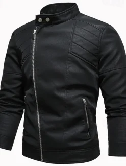 Men's Faux Leather Jacket Biker Jacket Motorcycle Jacket Daily Vacation Windproof Warm Pocket Fall & Winter Plain Fashion Classic Stand Collar Regular Black Brown Khaki Jacket