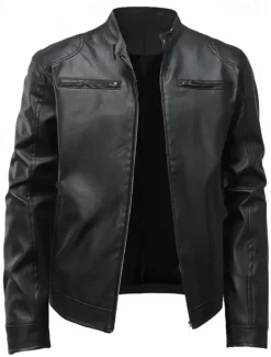 Men's Faux Leather Jacket Shirt Jacket Transition Jacket Biker Jacket Vacation Daily Windproof Warm Pocket Fall & Winter Plain Fashion Classic Stand Collar Regular Faux Leather Black Khaki Jacket