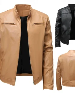 Men's Faux Leather Jacket Shirt Jacket Transition Jacket Biker Jacket Vacation Daily Windproof Warm Pocket Fall & Winter Plain Fashion Classic Stand Collar Regular Faux Leather Black Khaki Jacket