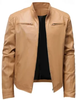 Men's Faux Leather Jacket Shirt Jacket Transition Jacket Biker Jacket Vacation Daily Windproof Warm Pocket Fall & Winter Plain Fashion Classic Stand Collar Regular Faux Leather Black Khaki Jacket