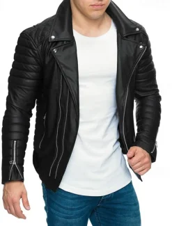 Men's Faux Leather Jacket Transition Jacket Biker Jacket Motorcycle Jacket Vacation Daily Windproof Warm Pocket Fall & Winter Plain Fashion Classic Lapel Regular Faux Leather Black Red Coffee Jacket