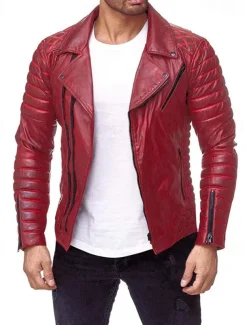 Men's Faux Leather Jacket Transition Jacket Biker Jacket Motorcycle Jacket Vacation Daily Windproof Warm Pocket Fall & Winter Plain Fashion Classic Lapel Regular Faux Leather Black Red Coffee Jacket